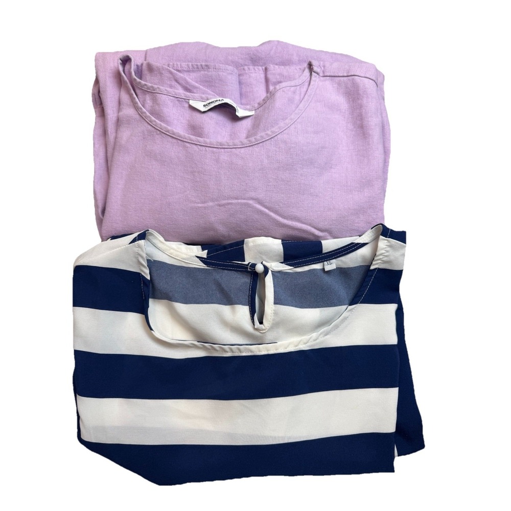 Sonoma Lavender Linen Blend & Navy Striped Babydoll Dress‎ Bundle XL 2pc